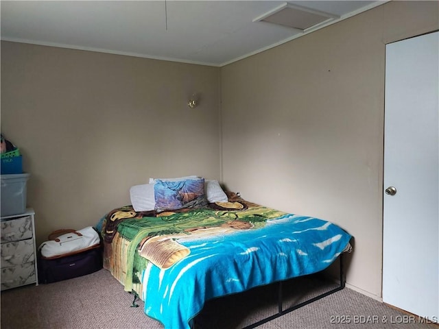 203 3rd St, Stover, MO 65078 - bedroom with attic access, carpet floors, and ornamental molding