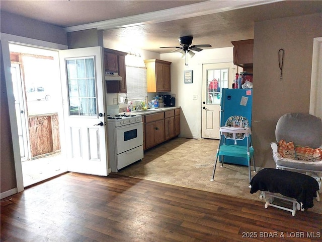 203 3rd St, Stover, MO 65078 - kitchen featuring white gas stove, under cabinet range hood, wood finished floors, and healthy amount of natural light
