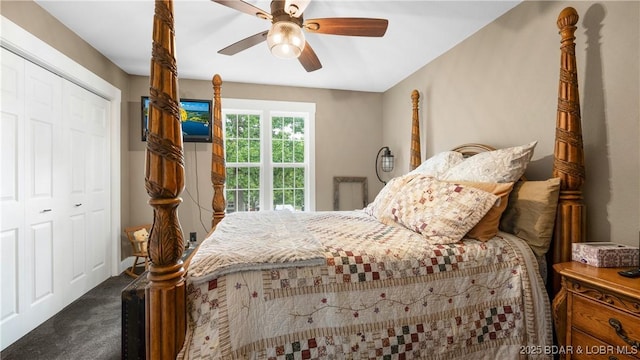 660 Upper Prairie Hollow Rd, Macks Creek, MO 65786 - carpeted bedroom with a closet and ceiling fan