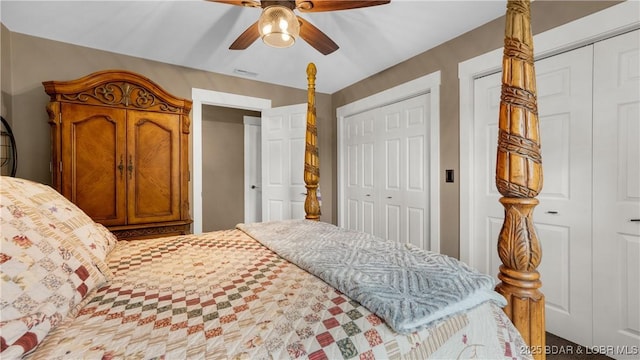 660 Upper Prairie Hollow Rd, Macks Creek, MO 65786 - bedroom featuring a ceiling fan and two closets