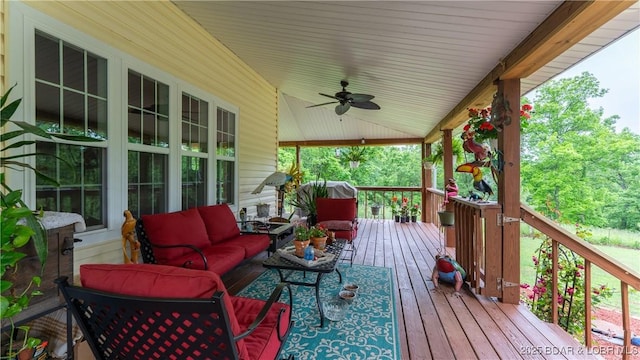 660 Upper Prairie Hollow Rd, Macks Creek, MO 65786 - deck featuring outdoor lounge area and ceiling fan