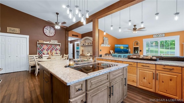 660 Upper Prairie Hollow Rd, Macks Creek, MO 65786 - kitchen featuring a ceiling fan, black electric cooktop, open floor plan, dark wood-style floors, and high vaulted ceiling