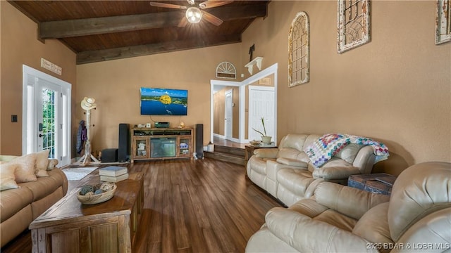 660 Upper Prairie Hollow Rd, Macks Creek, MO 65786 - living room featuring wood ceiling, wood finished floors, and ceiling fan