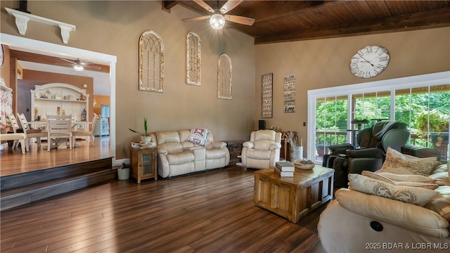 660 Upper Prairie Hollow Rd, Macks Creek, MO 65786 - living area with a ceiling fan, wood ceiling with exposed beams, dark wood finished floors, and a high ceiling