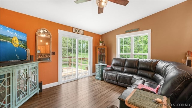 660 Upper Prairie Hollow Rd, Macks Creek, MO 65786 - living room with lofted ceiling, wood finished floors, ceiling fan, and baseboards