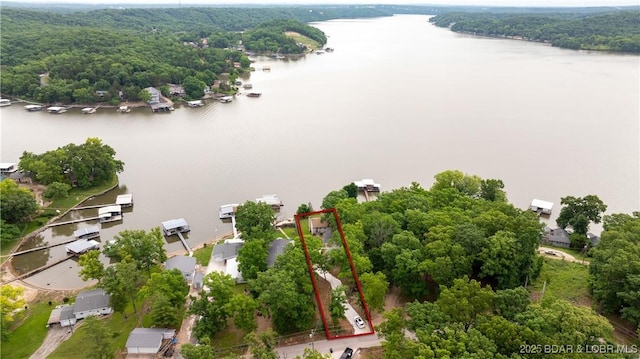 864 Four Waters Dr, Sunrise Beach, MO 65079 - view of property location featuring a large body of water, property parcel outlined, and a forest