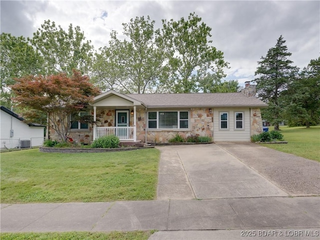 65 Leonard N St, Camdenton, MO 65020 - view of front of house featuring stone siding, covered porch, a front lawn, a chimney, and cooling unit