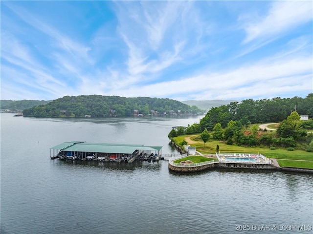 134 Heavenly Days Cir Unit 3A, Camdenton, MO 65020 - water view with boat lift, a boat dock, and a heavily wooded area