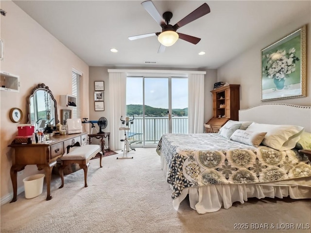 134 Heavenly Days Cir Unit 3A, Camdenton, MO 65020 - bedroom with access to outside, carpet, a water view, a ceiling fan, and recessed lighting