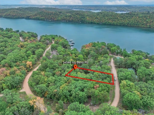 34546 Ivy Bend Rd, Stover, MO 65018 - aerial overview of property's location with a forest, a nearby body of water, and property boundaries highlighted