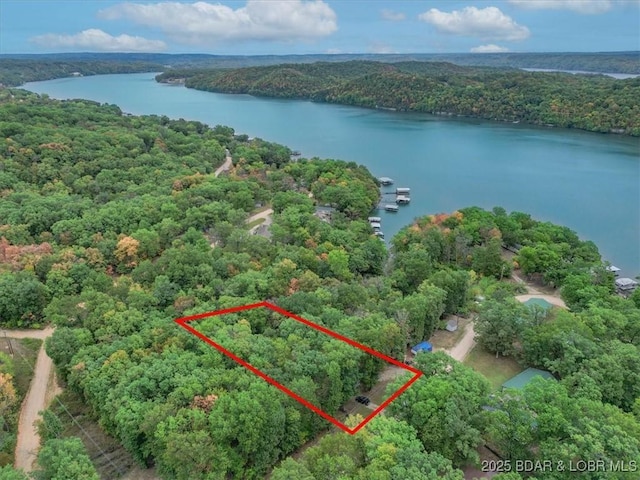34546 Ivy Bend Rd, Stover, MO 65018 - aerial view of property's location featuring a heavily wooded area, a nearby body of water, and property boundaries highlighted