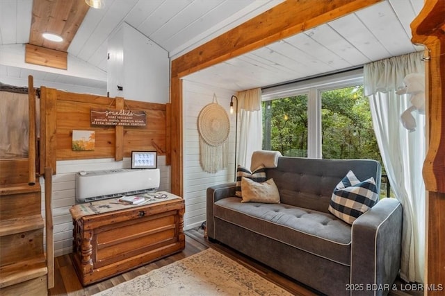 34546 Ivy Bend Rd, Stover, MO 65018 - living room featuring wood walls, wood finished floors, and wood ceiling with exposed beams