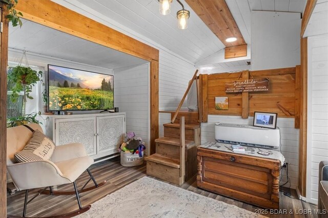 34546 Ivy Bend Rd, Stover, MO 65018 - living area with wooden walls, wood finished floors, lofted ceiling, and wooden ceiling