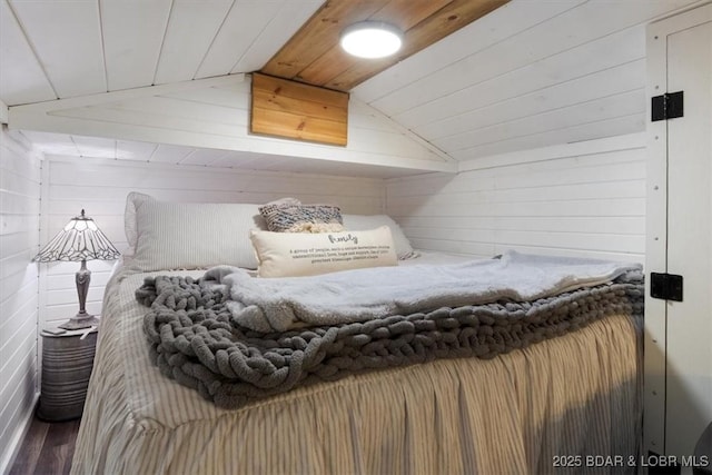 34546 Ivy Bend Rd, Stover, MO 65018 - bedroom with lofted ceiling, wood finished floors, wood ceiling, and wooden walls