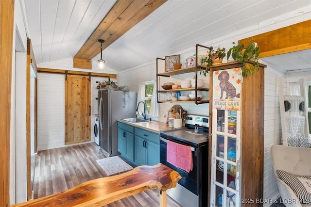 34546 Ivy Bend Rd, Stover, MO 65018 - kitchen with stainless steel appliances, a sink, light wood-style floors, wood walls, and vaulted ceiling