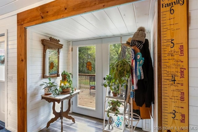 34546 Ivy Bend Rd, Stover, MO 65018 - entryway with wooden walls, french doors, wood ceiling, and wood finished floors