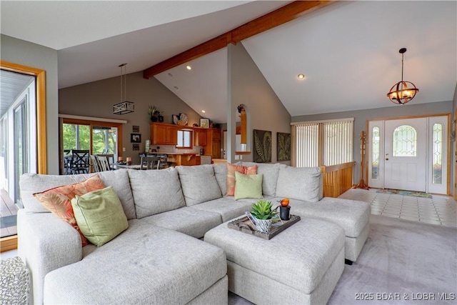 42 Rhine River Rd, Sunrise Beach, MO 65079 - living room with beam ceiling, recessed lighting, a chandelier, and high vaulted ceiling