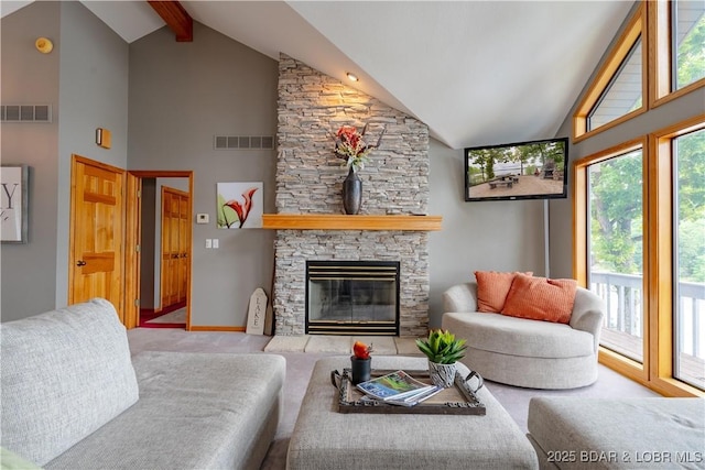 42 Rhine River Rd, Sunrise Beach, MO 65079 - living area with high vaulted ceiling, beam ceiling, a fireplace, carpet flooring, and baseboards