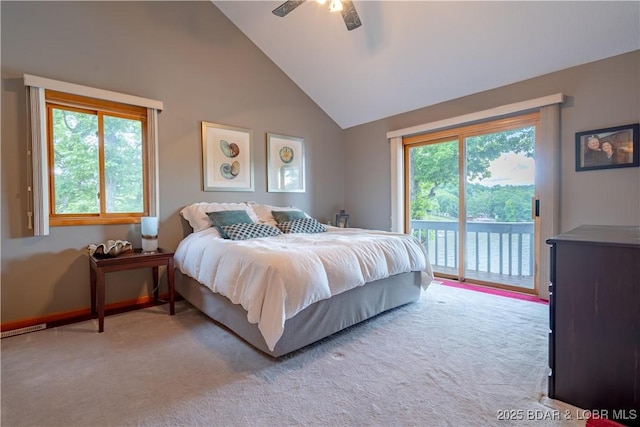 42 Rhine River Rd, Sunrise Beach, MO 65079 - carpeted bedroom featuring access to outside, multiple windows, a ceiling fan, high vaulted ceiling, and baseboards