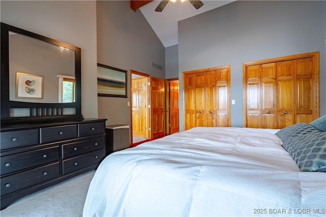42 Rhine River Rd, Sunrise Beach, MO 65079 - bedroom featuring high vaulted ceiling, carpet floors, multiple closets, and a ceiling fan