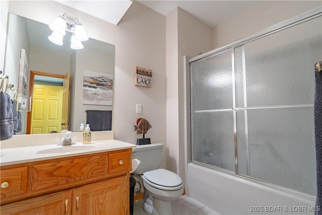 42 Rhine River Rd, Sunrise Beach, MO 65079 - bathroom featuring toilet, vanity, tile patterned floors, combined bath / shower with glass door, and a chandelier