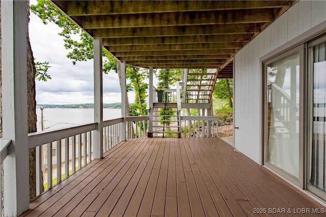 42 Rhine River Rd, Sunrise Beach, MO 65079 - wooden deck featuring stairs and a water view