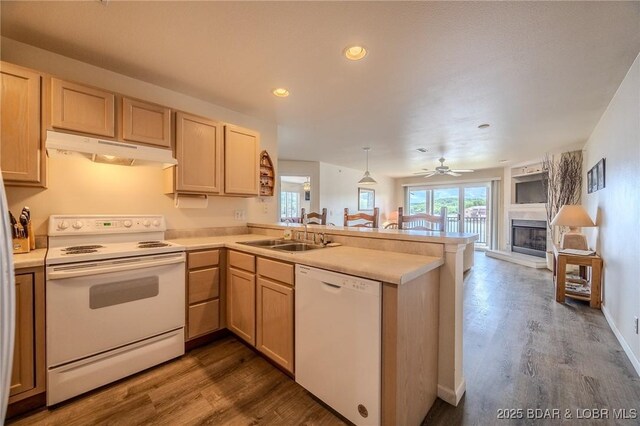 272 Cedar Glen Dr Unit 3A, Camdenton, MO 65020 - kitchen with white appliances, under cabinet range hood, a sink, a peninsula, and dark wood finished floors