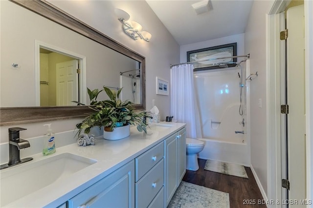 906 E Harbour Towne Dr Unit 906E, Lake Ozark, MO 65049 - full bathroom featuring toilet, shower / tub combo, wood finished floors, and double vanity