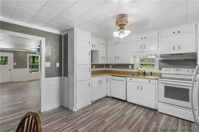 47 Hittridge Rd, Eldon, MO 65026 - kitchen featuring white appliances, a sink, wood finished floors, under cabinet range hood, and a wainscoted wall