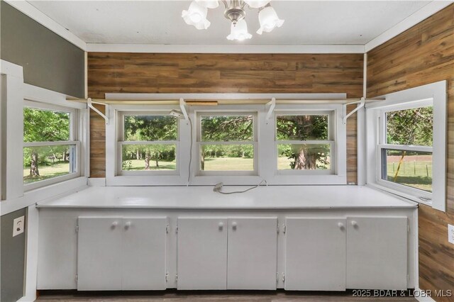 47 Hittridge Rd, Eldon, MO 65026 - kitchen with a chandelier, wood walls, and light countertops
