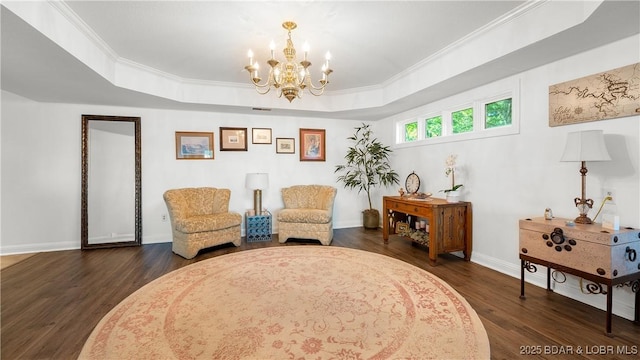 441 Northport Dr Unit 441, Lake Ozark, MO 65049 - sitting room featuring a chandelier, crown molding, a raised ceiling, dark wood finished floors, and baseboards