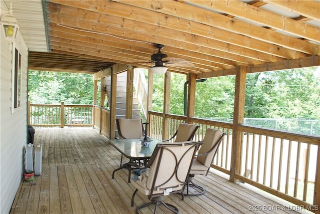 1025 Crystal Springs Rd, Linn Creek, MO 65052 - wooden deck featuring a ceiling fan and outdoor dining area