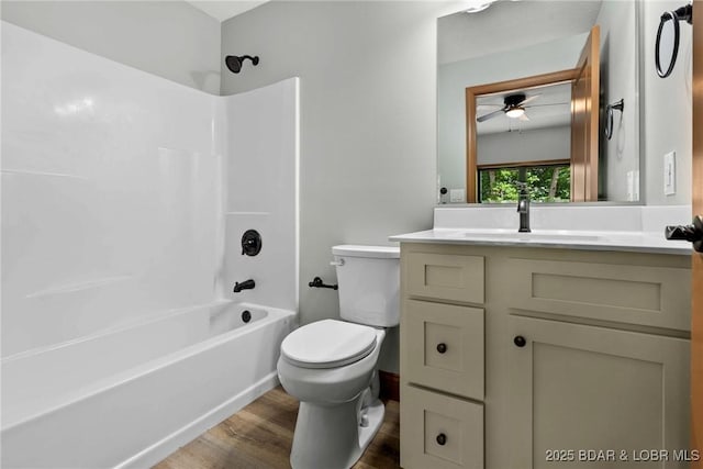 55 Turn Bridge Ln, Porto Cima, MO 65079 - bathroom featuring vanity, wood finished floors, toilet, bathing tub / shower combination, and a ceiling fan