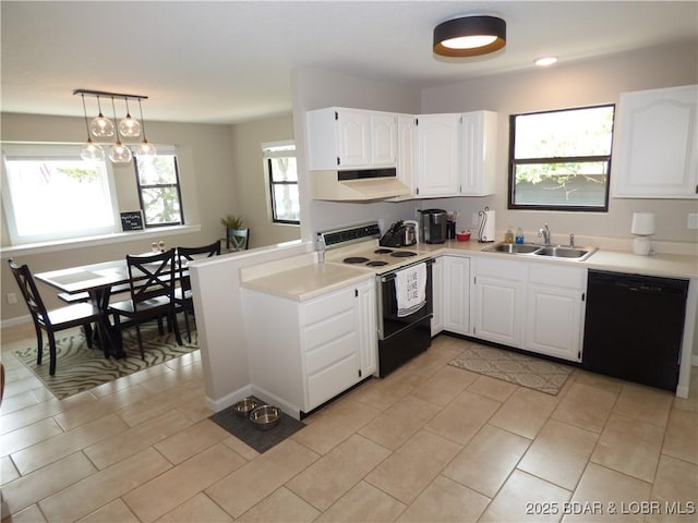 44 Port Bagnell Rd, Eldon, MO 65026 - kitchen featuring electric range, dishwasher, a sink, under cabinet range hood, and white cabinetry