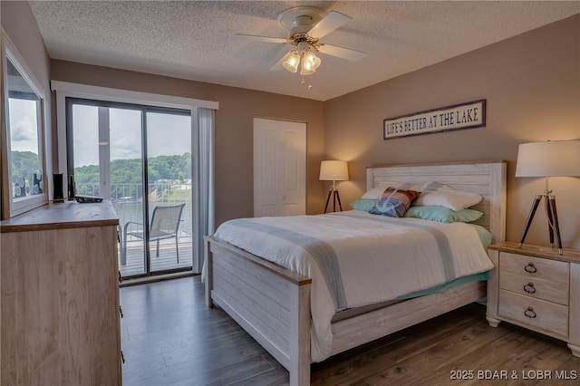 28 Wheel House Cir Unit A-4, Four Seasons, MO 65049 - bedroom featuring access to exterior, dark wood-type flooring, a textured ceiling, and a ceiling fan