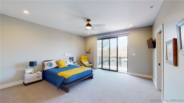 481 Comanche Rd, Lake Ozark, MO 65049 - carpeted bedroom with access to exterior, baseboards, ceiling fan, and recessed lighting