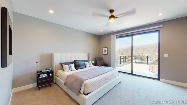 481 Comanche Rd, Lake Ozark, MO 65049 - bedroom with access to outside, light carpet, baseboards, and recessed lighting