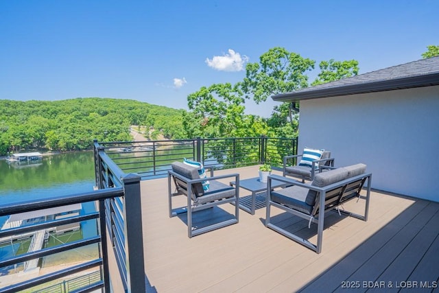 481 Comanche Rd, Lake Ozark, MO 65049 - deck with a view of trees, a water view, and an outdoor living space