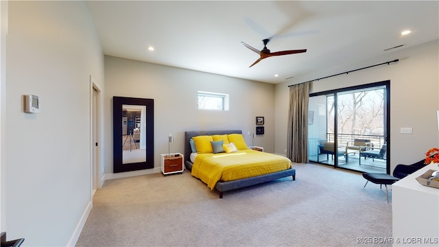 481 Comanche Rd, Lake Ozark, MO 65049 - bedroom with access to exterior, light colored carpet, multiple windows, recessed lighting, and baseboards