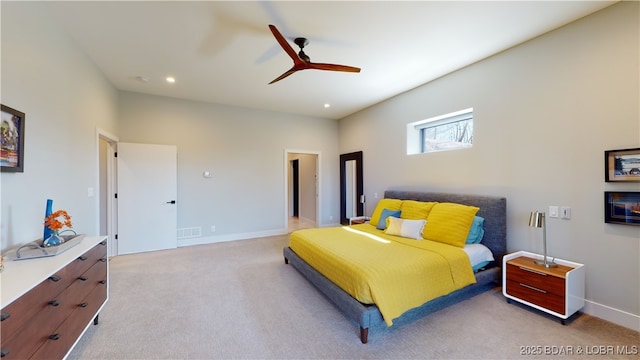 481 Comanche Rd, Lake Ozark, MO 65049 - bedroom with light carpet, recessed lighting, baseboards, and ceiling fan