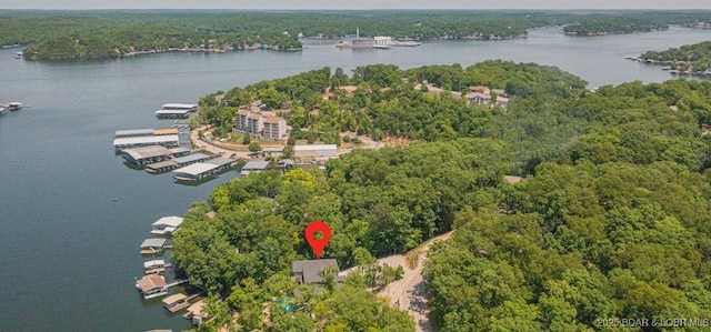 481 Comanche Rd, Lake Ozark, MO 65049 - aerial view of a nearby body of water and a heavily wooded area