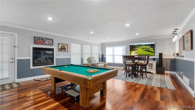 149 Snead Cir, Lake Ozark, MO 65049 - recreation room featuring billiards table, wood finished floors, ornamental molding, recessed lighting, and baseboards