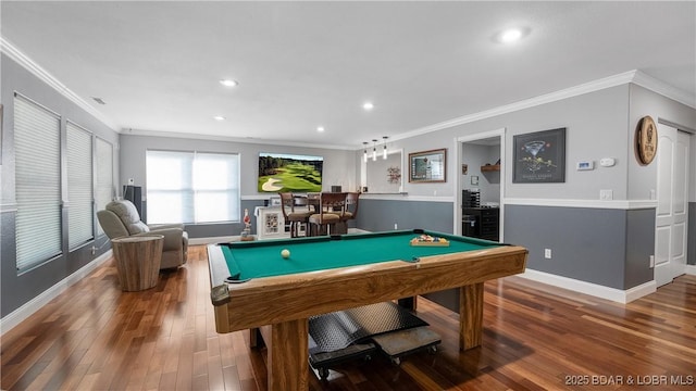 149 Snead Cir, Lake Ozark, MO 65049 - recreation room with crown molding, wood finished floors, billiards, recessed lighting, and baseboards
