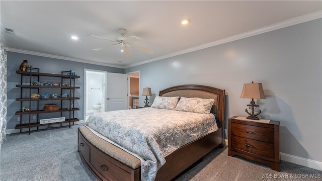 149 Snead Cir, Lake Ozark, MO 65049 - bedroom featuring carpet floors, baseboards, ornamental molding, ensuite bath, and recessed lighting