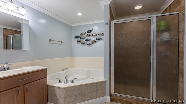 149 Snead Cir, Lake Ozark, MO 65049 - bathroom with vanity, a stall shower, a bath, and crown molding