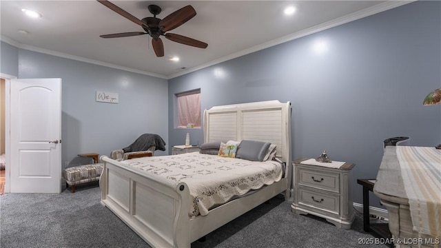 149 Snead Cir, Lake Ozark, MO 65049 - bedroom with carpet flooring, crown molding, recessed lighting, and ceiling fan