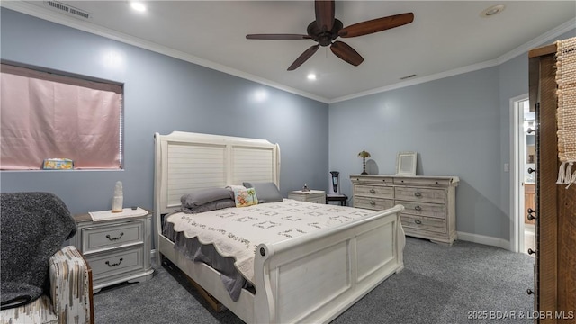 149 Snead Cir, Lake Ozark, MO 65049 - bedroom featuring dark carpet, ornamental molding, recessed lighting, a ceiling fan, and baseboards
