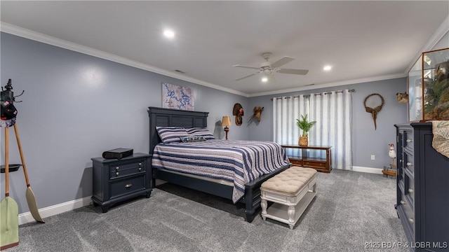 149 Snead Cir, Lake Ozark, MO 65049 - bedroom with carpet floors, ornamental molding, baseboards, ceiling fan, and recessed lighting
