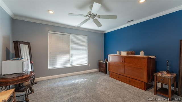 149 Snead Cir, Lake Ozark, MO 65049 - carpeted bedroom with baseboards, ornamental molding, a ceiling fan, and recessed lighting