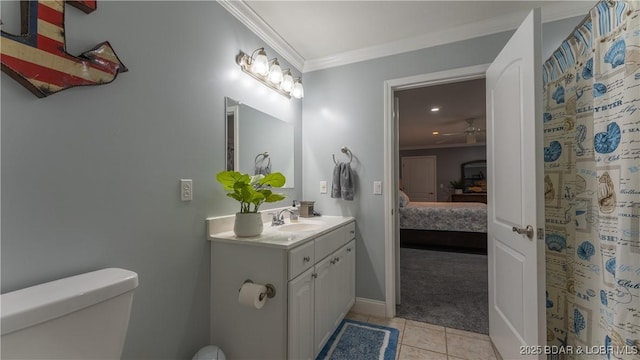 149 Snead Cir, Lake Ozark, MO 65049 - bathroom with ornamental molding, a ceiling fan, toilet, vanity, and connected bathroom